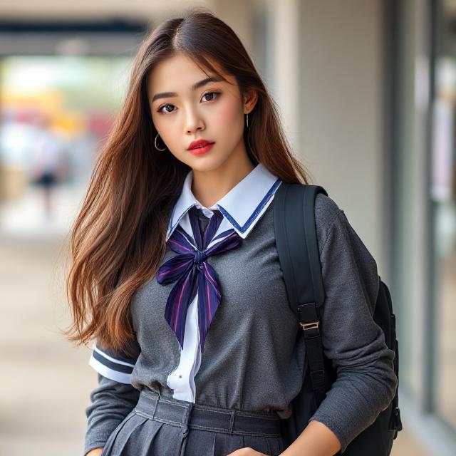 A model wearing a schoolgirl costume