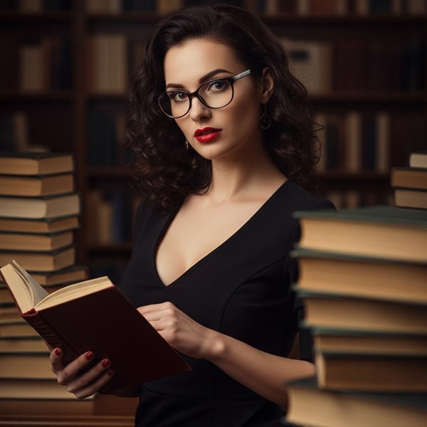 A sexy librarian holding a book in a library